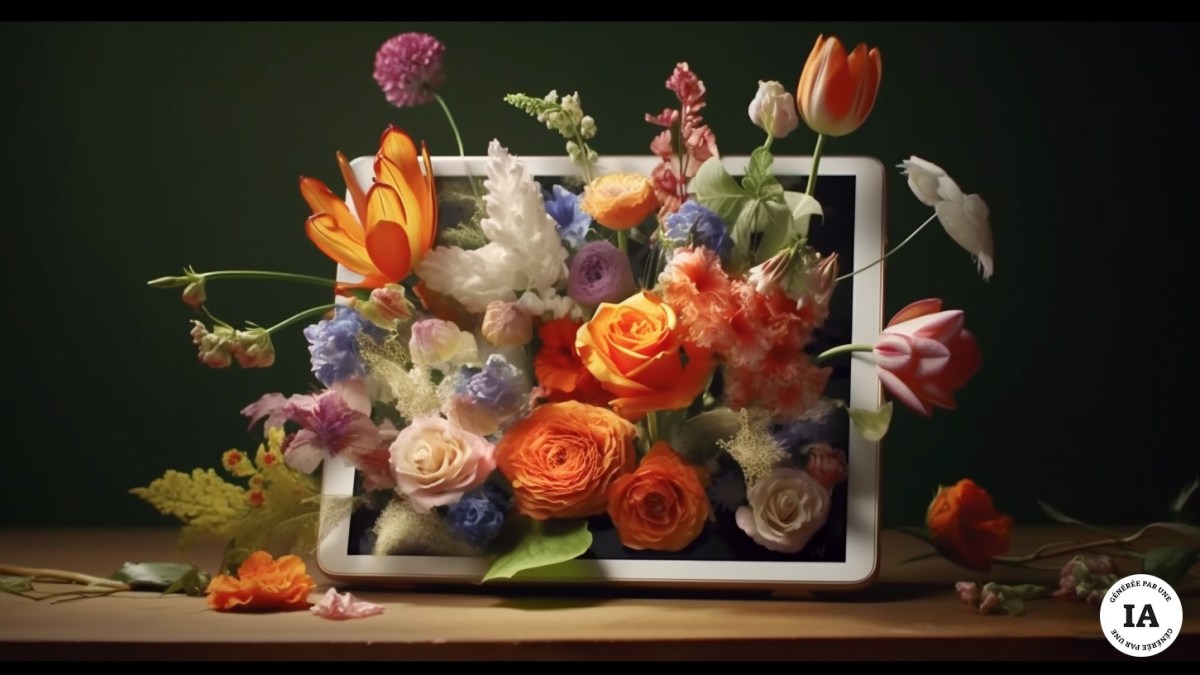 Des fleurs dans un iPad. // Source : Midjourney/Numerama Des fleurs dans un iPad. // Source : Midjourney/Numerama