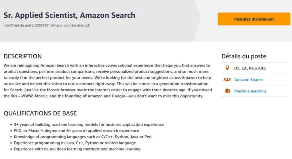 Une proposition d'emploi au siège d'Amazon. // Source : Capture d'écran Une proposition d'emploi au siège d'Amazon. // Source : Capture d'écran