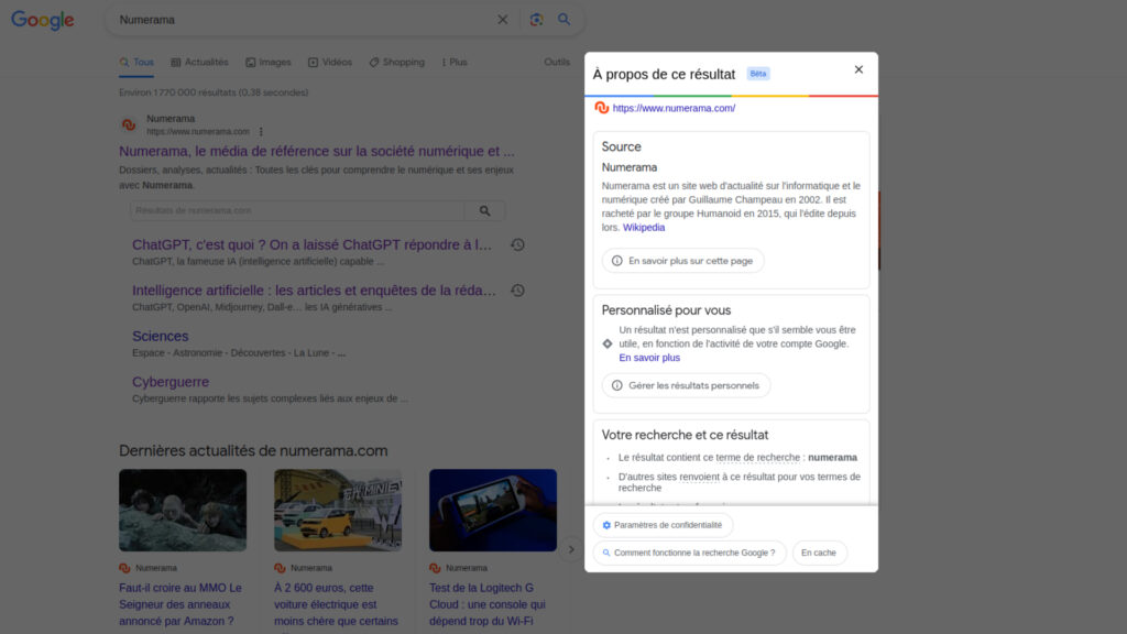 Le menu « À propos de ce résultat » est encore en Beta en France. // Source : Capture d'écran Le menu « À propos de ce résultat » est encore en Beta en France. // Source : Capture d'écran