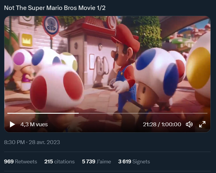 Le film Super Mario sur Twitter, avec des millions de vues. // Source : Twitter Le film Super Mario sur Twitter, avec des millions de vues. // Source : Twitter