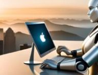 Un robot devant un ordinateur Apple. // Source : Numerama avec BlueWillow Un robot devant un ordinateur Apple. // Source : Numerama avec BlueWillow