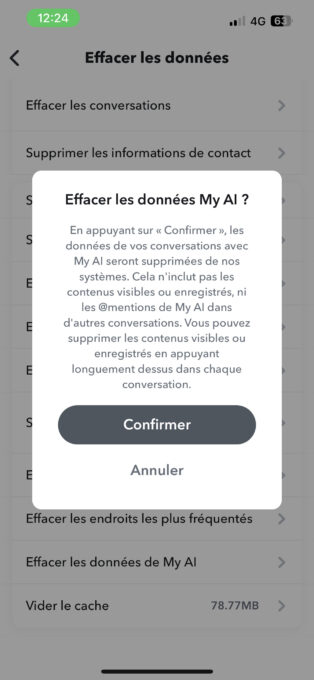 Effacez vos données avec My AI si vous ne souhaitez pas qu'elle retienne vos échanges. // Source : Numerama Effacez vos données avec My AI si vous ne souhaitez pas qu'elle retienne vos échanges. // Source : Numerama
