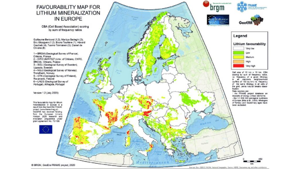 Carte de favorabilité d’exploitation du lithium en Europe, de nulle (blanc) à très favorable (rouge). // Source : FRAME project/Geological Survey of Sweden Carte de favorabilité d’exploitation du lithium en Europe, de nulle (blanc) à très favorable (rouge). // Source : FRAME project/Geological Survey of Sweden