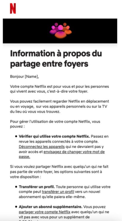 Extrait du mail d'avertissement de Netflix // Source : netflix Extrait du mail d'avertissement de Netflix // Source : netflix
