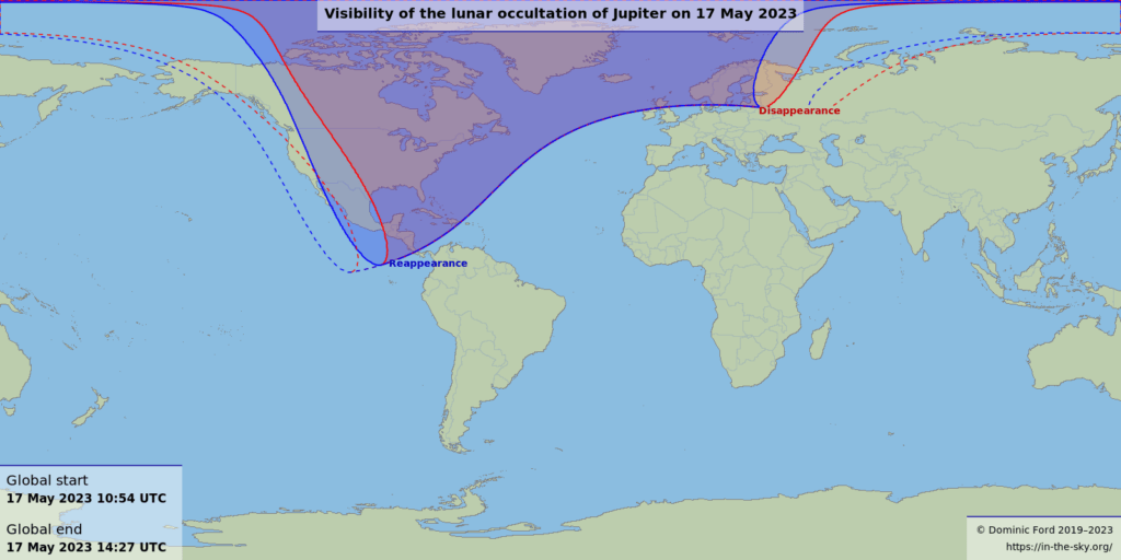 Visibilité de l'occultation de Jupiter par la Lune, le 17 mai 2023. // Source : In The Sky Visibilité de l'occultation de Jupiter par la Lune, le 17 mai 2023. // Source : In The Sky