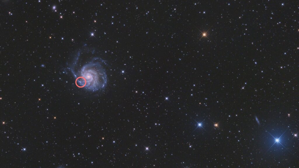 La supernova dans la galaxie du Moulinet, au lendemain de sa découverte. // Source : Flickr/CC/Dominique Dierick (photo recadrée et annotée) La supernova dans la galaxie du Moulinet, au lendemain de sa découverte. // Source : Flickr/CC/Dominique Dierick (photo recadrée et annotée)