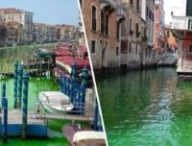Venise. L'eau colorée en vert fluo le 28 mai. // Source : Images postées sur Twitter Venise. L'eau colorée en vert fluo le 28 mai. // Source : Images postées sur Twitter