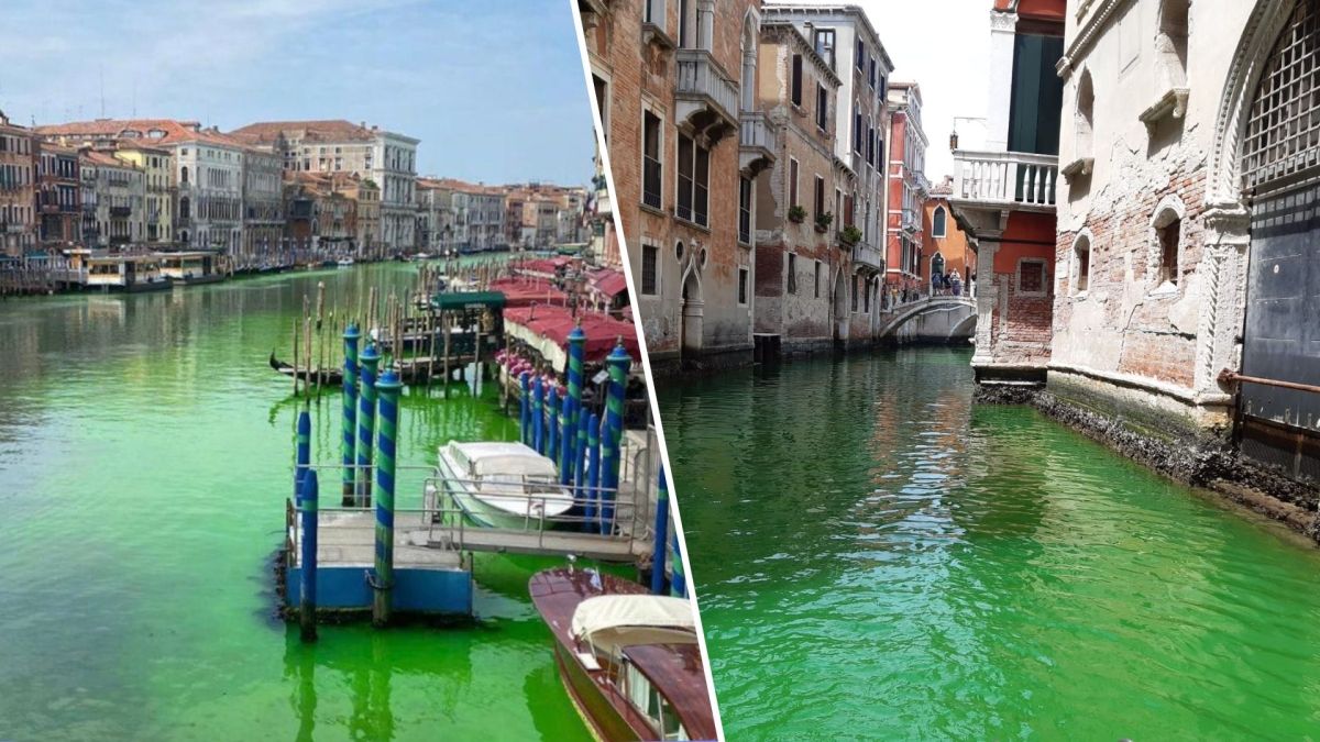 Venise. L'eau colorée en vert fluo le 28 mai. // Source : Images postées sur Twitter Venise. L'eau colorée en vert fluo le 28 mai. // Source : Images postées sur Twitter