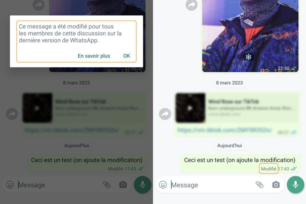 WhatsApp modification du message validé WhatsApp modification du message validé