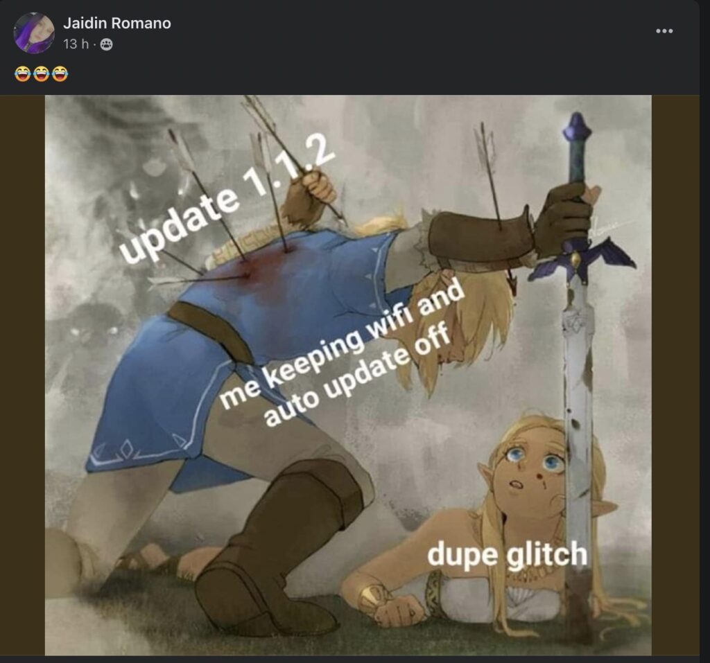 Un mème humoristique publié sur le groupe Facebook Zelda:TOTK Un mème humoristique publié sur le groupe Facebook Zelda:TOTK