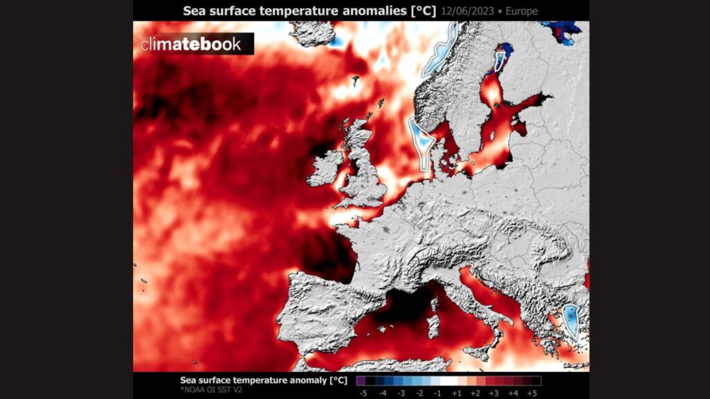 Anomalies de températures de l'océan, 12 juin 2023. // Source : Via Twitter @WxNB_ Anomalies de températures de l'océan, 12 juin 2023. // Source : Via Twitter @WxNB_
