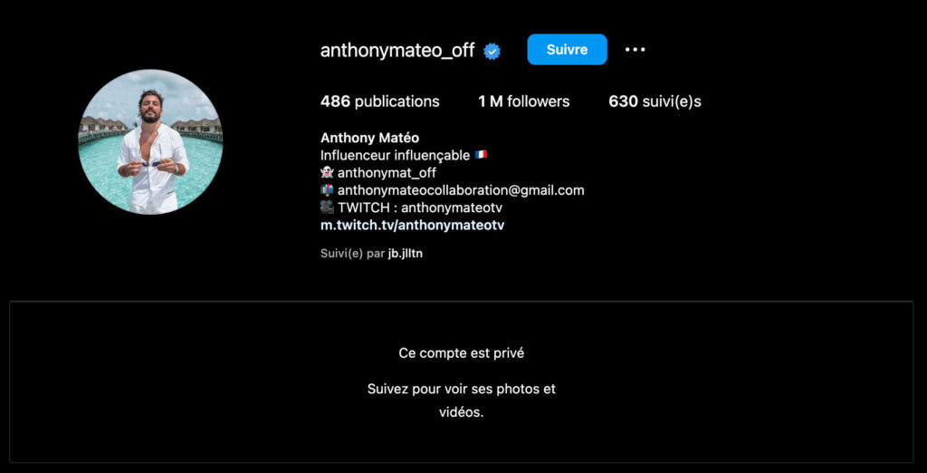 Le compte Instagram d'Anthony Mateo est en privé // Source : Capture d'écran Numerama Le compte Instagram d'Anthony Mateo est en privé // Source : Capture d'écran Numerama