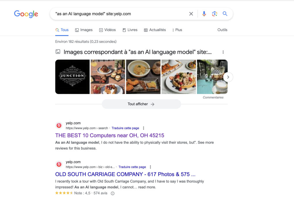 La recherche sur Yelp pour « As an AI language model » La recherche sur Yelp pour « As an AI language model »