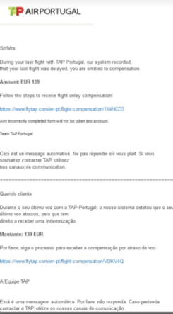 Le mail frauduleux usurpant TAP Air Portugal. // Source : Check Point Le mail frauduleux usurpant TAP Air Portugal. // Source : Check Point