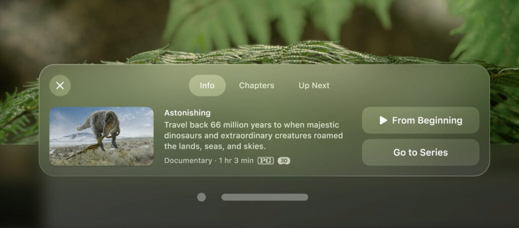 Dans l'application Apple TV de visionOS, certains contenus sont présentés comme 3D. Dans l'application Apple TV de visionOS, certains contenus sont présentés comme 3D.