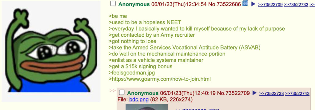 L'appel à rejoindre à l'armée américaine sur 4chan. // Source : Numerama L'appel à rejoindre à l'armée américaine sur 4chan. // Source : Numerama