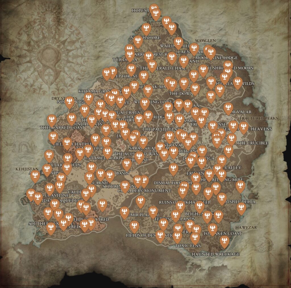 Carte de Diablo IV pour trouver les Autels de Lilith // Source : Capture d'écran Carte de Diablo IV pour trouver les Autels de Lilith // Source : Capture d'écran