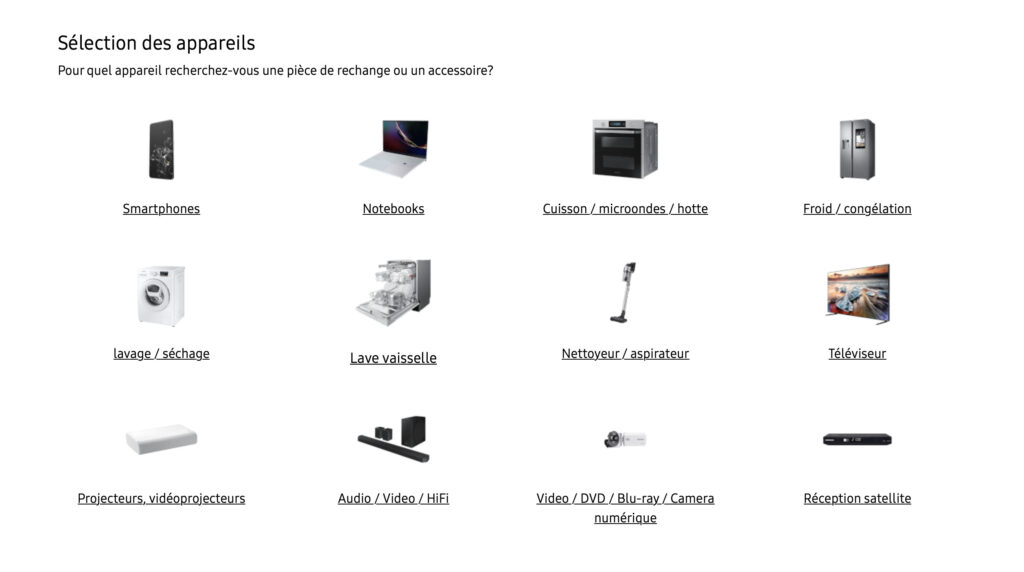 Toutes les catégories de produits éligibles à l'Autoréparation, avec à chaque fois peu de références pour l'instant. Toutes les catégories de produits éligibles à l'Autoréparation, avec à chaque fois peu de références pour l'instant.
