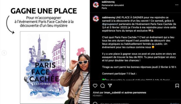 Capture d'écran d'un post Instagram de sabinebnq dans le cadre d'un jeu concours proposé en partenariat avec la SNCF.
Source : Instagram de sabinevnq Capture d'écran d'un post Instagram de sabinebnq dans le cadre d'un jeu concours proposé en partenariat avec la SNCF.
Source : Instagram de sabinevnq