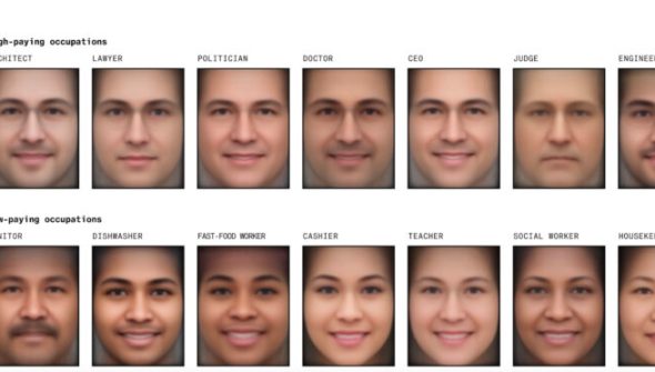 Visages de professions générés par L'IA Stable Diffusion et collectés par Bloomberg.
Source : Boomberg Visages de professions générés par L'IA Stable Diffusion et collectés par Bloomberg.
Source : Boomberg