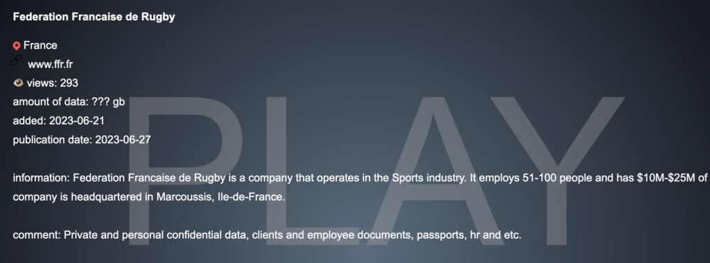 La revendication sur le site darknet de Play Ransomware. // Source : Numerama La revendication sur le site darknet de Play Ransomware. // Source : Numerama