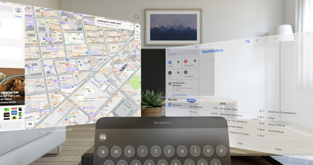 Plans et Rappels, version iPad, sur visionOS. Plans et Rappels, version iPad, sur visionOS.