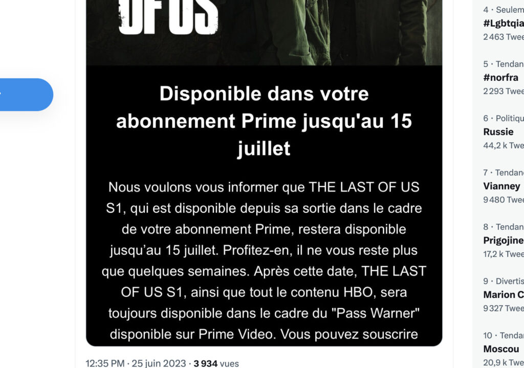 Le mail envoyé par Amazon à certains abonnés, qui annonce la fin de The Last of Us sur Prime Video. Le mail envoyé par Amazon à certains abonnés, qui annonce la fin de The Last of Us sur Prime Video.
