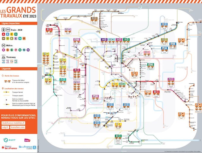 Carte des travaux d'été 2023. // Source : Île-de-France Mobilités Carte des travaux d'été 2023. // Source : Île-de-France Mobilités