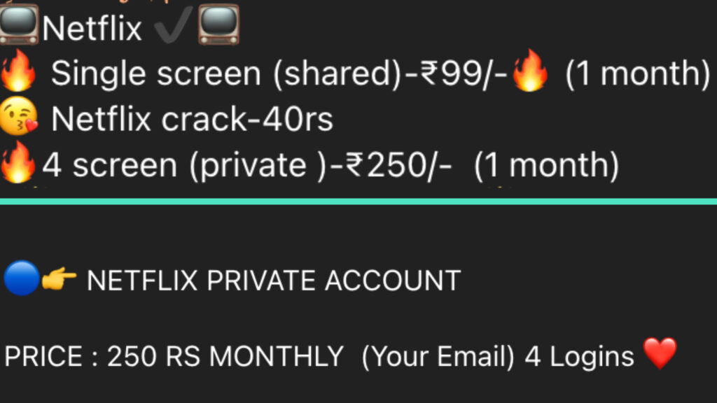 Des ventes de comptes Netflix en roupie indienne sur Telegram. // Source : Numerama Des ventes de comptes Netflix en roupie indienne sur Telegram. // Source : Numerama