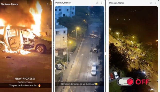 Vidéos snaps de la nuit du 28 juin à Nanterre. // Source : Captures d'écran Snapchat. Montage Numerama. Vidéos snaps de la nuit du 28 juin à Nanterre. // Source : Captures d'écran Snapchat. Montage Numerama.