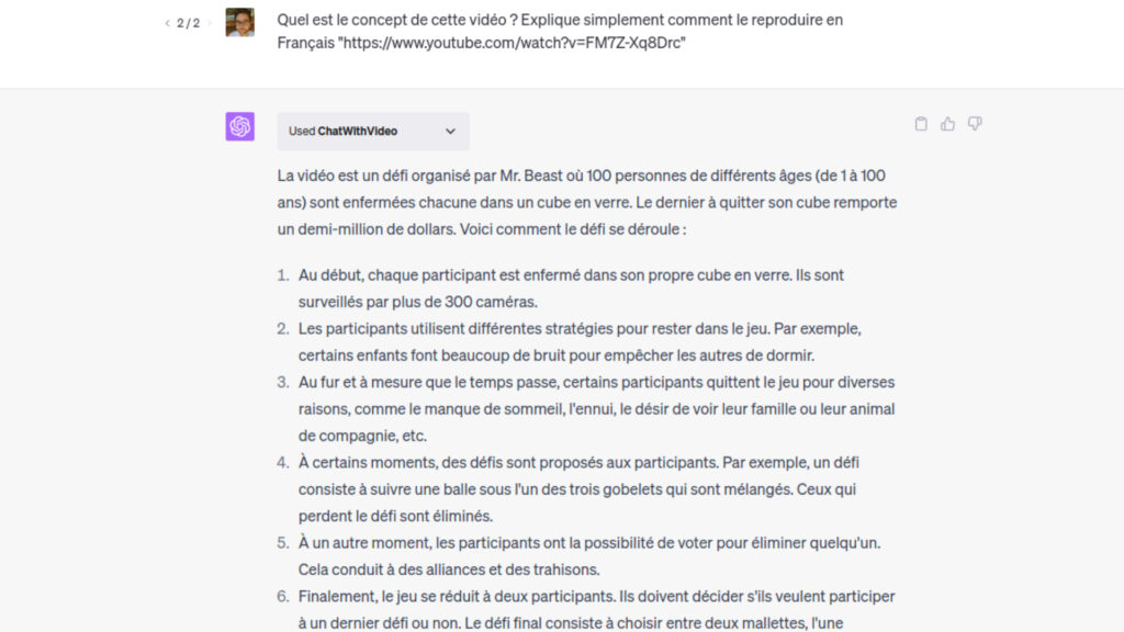 ChatWithVideo décrit le concept de l'une des dernières vidéos de MrBeast. // Source : Capture d'écran ChatWithVideo décrit le concept de l'une des dernières vidéos de MrBeast. // Source : Capture d'écran