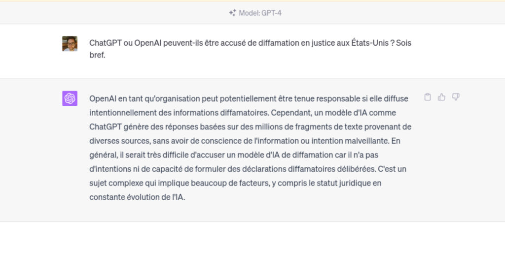 ChatGPT a (lui aussi) son avis sur l'affaire qui le concerne. // Source : Capture d'écran GPT-4 ChatGPT a (lui aussi) son avis sur l'affaire qui le concerne. // Source : Capture d'écran GPT-4