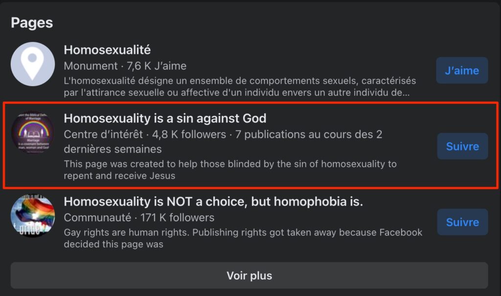La page, ouvertement homophobe, arrive en 2e position lorsqu'on effectue une recherche sur Facebook // Source : Capture d'écran Numerama La page, ouvertement homophobe, arrive en 2e position lorsqu'on effectue une recherche sur Facebook // Source : Capture d'écran Numerama