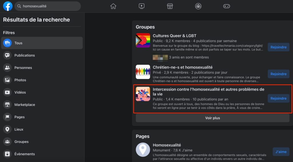 Le groupe « Intercession contre l'homosexualité » apparait parmi les premiers résultats sur Facebook pour la recherche « homosexualité » // Source : Capture d'écran Numerama Le groupe « Intercession contre l'homosexualité » apparait parmi les premiers résultats sur Facebook pour la recherche « homosexualité » // Source : Capture d'écran Numerama