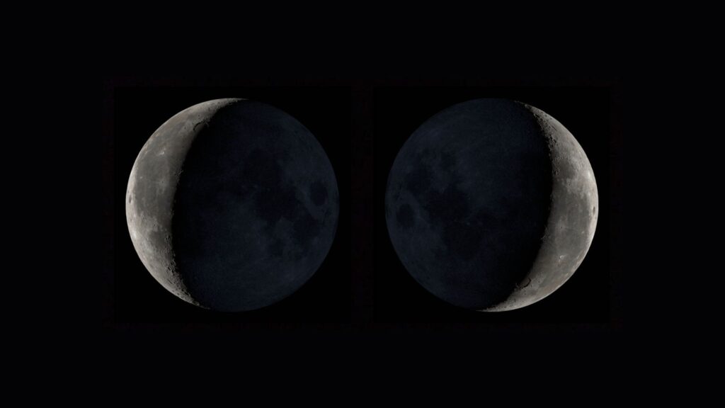 La Lune, le 8 mars 2021. Vue de l'hémisphère nord (gauche) et sud (droite). // Source : NASA’s Scientific Visualization Studio La Lune, le 8 mars 2021. Vue de l'hémisphère nord (gauche) et sud (droite). // Source : NASA’s Scientific Visualization Studio