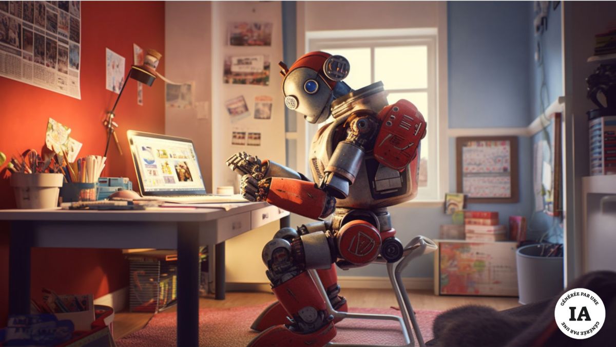 Un robot faisant les devoirs // Source : Numerama avec Midjourney Un robot faisant les devoirs // Source : Numerama avec Midjourney