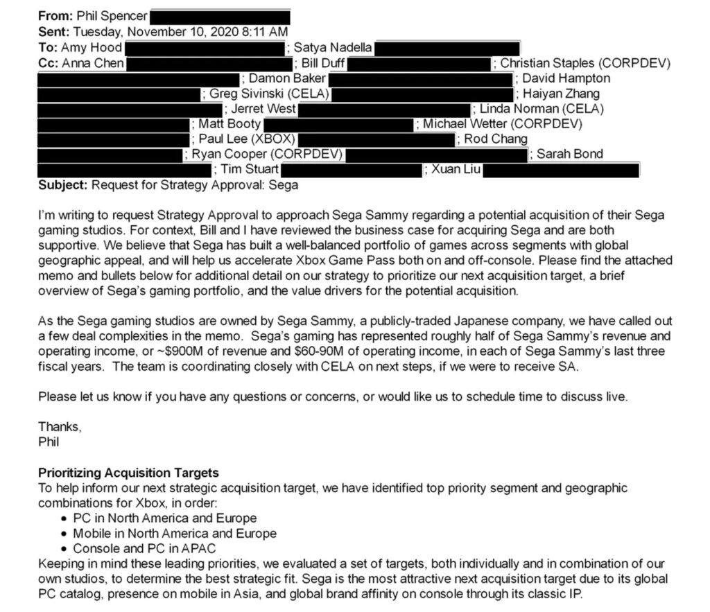 Le mail envoyé par Phil Spencer aux équipes Xbox en 2020. Il demande à ce que les discussions pour racheter Sega commencent. Le mail envoyé par Phil Spencer aux équipes Xbox en 2020. Il demande à ce que les discussions pour racheter Sega commencent.