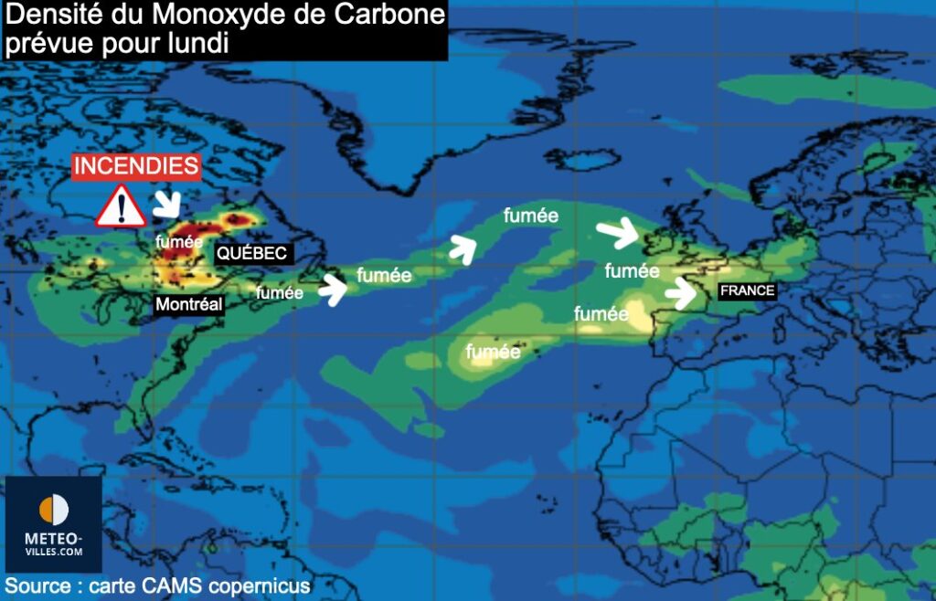 Fumées des incendies dirigées vers la France. // Source : Via Twitter @Meteovilles Fumées des incendies dirigées vers la France. // Source : Via Twitter @Meteovilles