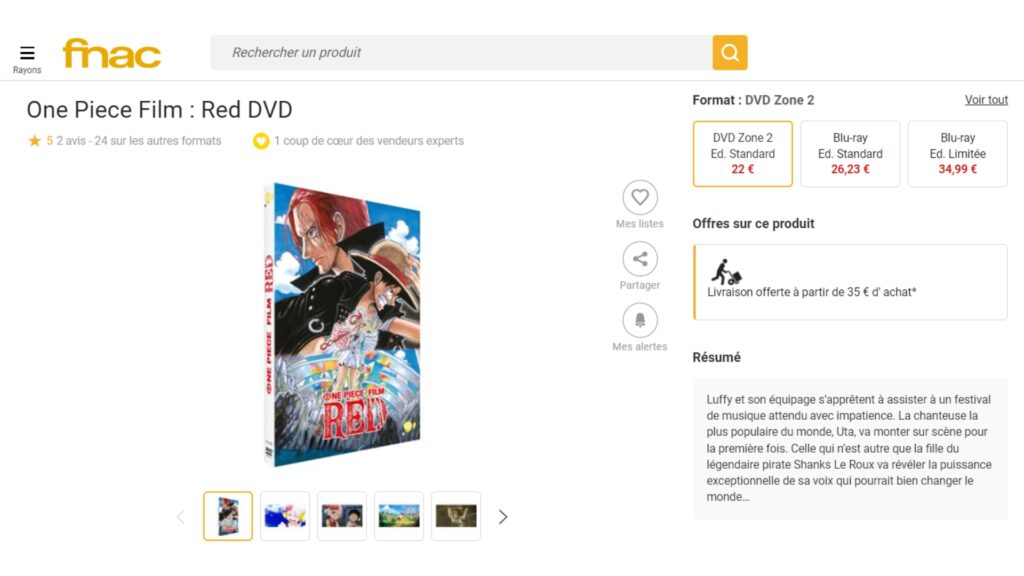 Le prix de One Piece : Red est bien plus avantageux en DVD // Source : Capture d'écran Numerama Le prix de One Piece : Red est bien plus avantageux en DVD // Source : Capture d'écran Numerama