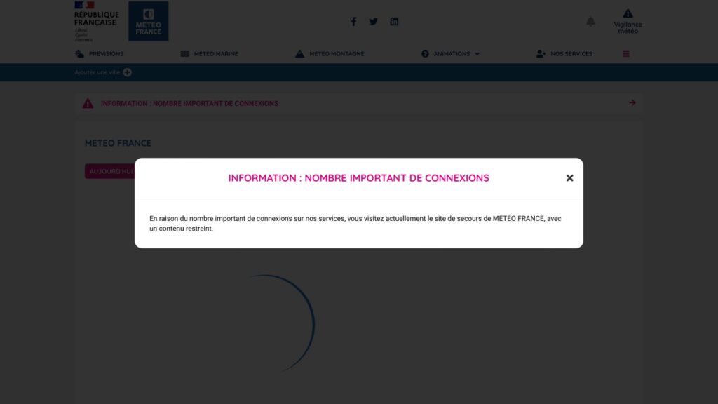Un message informant des problèmes en cours sur le site de substitution. // Source : Capture d'écran Météo-France Un message informant des problèmes en cours sur le site de substitution. // Source : Capture d'écran Météo-France