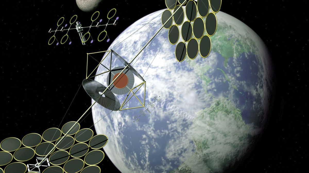 Concept art de panneaux solaires situés dans l'espace // Source : Nasa Concept art de panneaux solaires situés dans l'espace // Source : Nasa