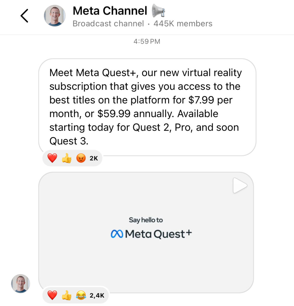 La publication envoyée par Mark Zuckerberg aux abonnés du Meta Channel sur Instagram. La publication envoyée par Mark Zuckerberg aux abonnés du Meta Channel sur Instagram.