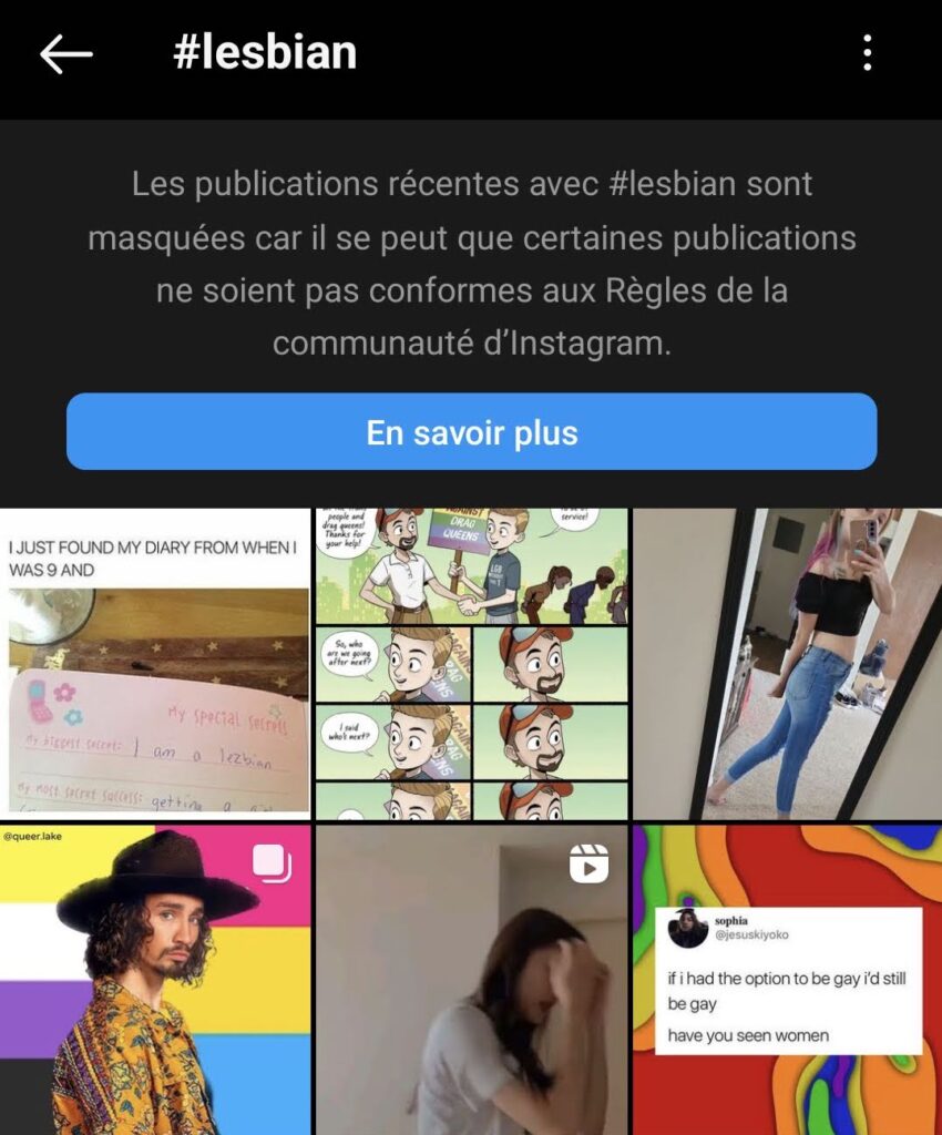 Le message d'avertissement apparait lorsqu'on fait une cherche sur le hashtag #lesbian // Source : Capture d'écran Numerama Le message d'avertissement apparait lorsqu'on fait une cherche sur le hashtag #lesbian // Source : Capture d'écran Numerama