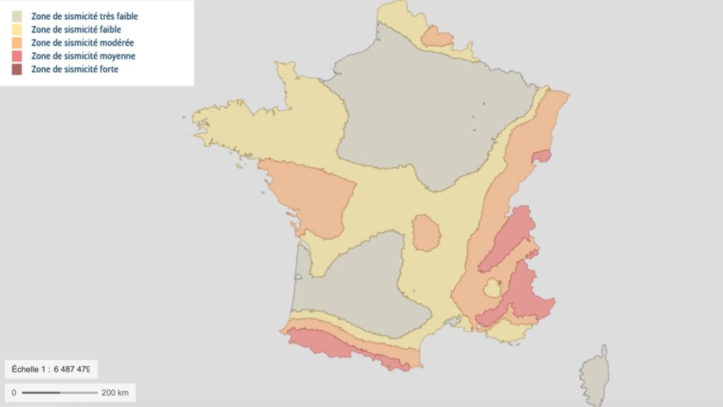 Carte de France des zones de sismicité. // Source : Geoportail Carte de France des zones de sismicité. // Source : Geoportail