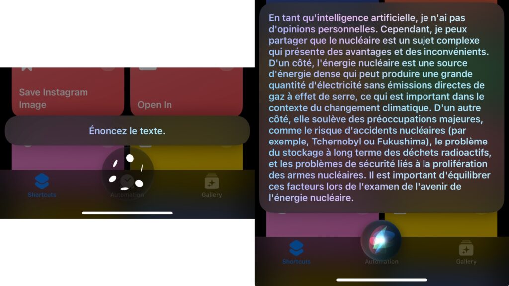 Contrairement à Siri, ChatGPT a son avis sur le nucléaire. Contrairement à Siri, ChatGPT a son avis sur le nucléaire.