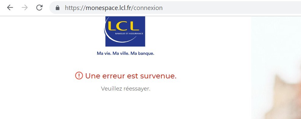 Le site du LCL en panne. // Source : Capture d'écran Numerama Le site du LCL en panne. // Source : Capture d'écran Numerama