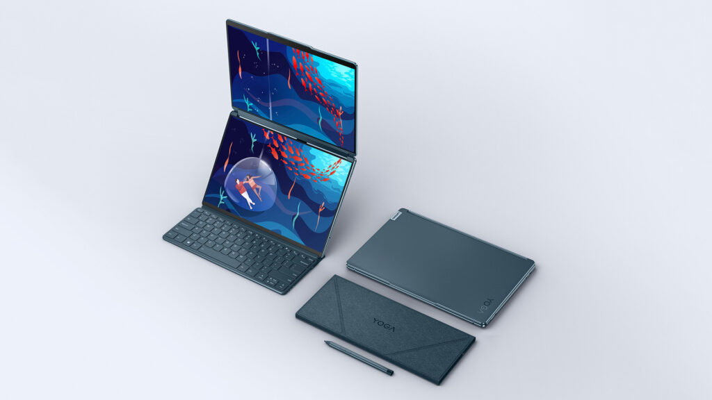 Le Yoga Book 9i avec son stylet, son clavier magnétique et la couverture du clavier capable de se transformer en support pour les écrans // Source : Lenovo Le Yoga Book 9i avec son stylet, son clavier magnétique et la couverture du clavier capable de se transformer en support pour les écrans // Source : Lenovo