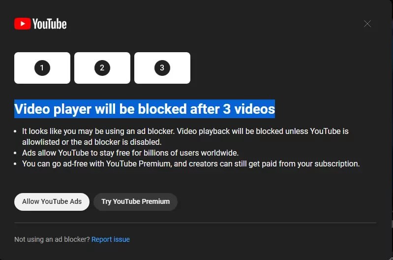 Le message affiché par YouTube chez certains utilisateurs. Le message affiché par YouTube chez certains utilisateurs.