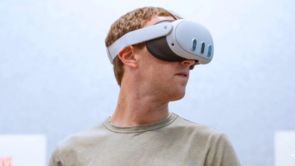Mark Zuckerberg avec le Meta Quest 3. // Source : Meta Mark Zuckerberg avec le Meta Quest 3. // Source : Meta