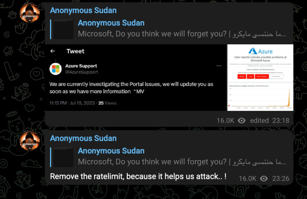 Anonymous Sudan s'en est pris à Microsoft Azure // Source : Capture d'écran Numerama Anonymous Sudan s'en est pris à Microsoft Azure // Source : Capture d'écran Numerama